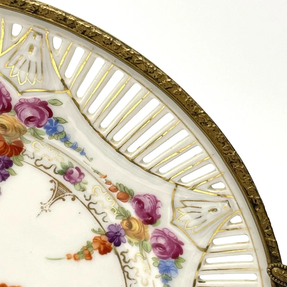 Vintage 1940s‎ Schumann Bavaria Bronze Mounted Porcelain Reticulated Floral Dish